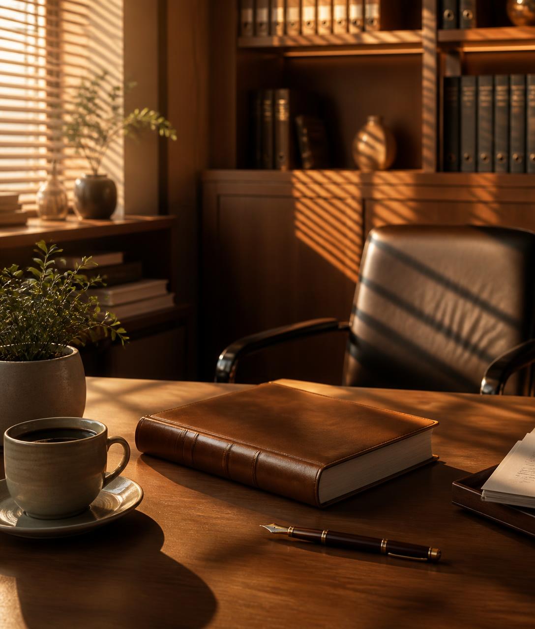 Golden-hour light across the Larson CPA office desk